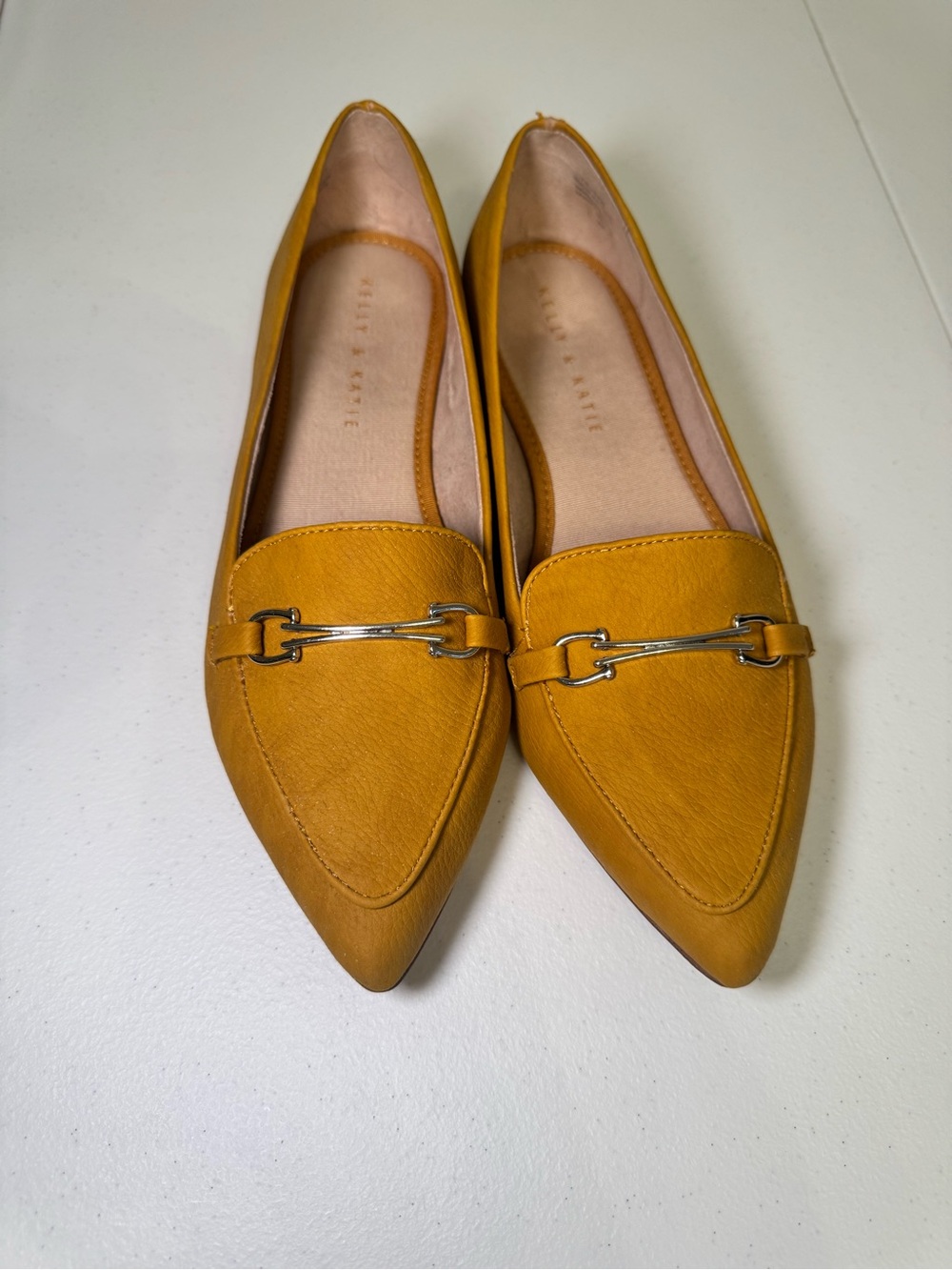 Kelly & Katie Mustard Yellow Pointed-Toe Loafer Flats with Metal Bit